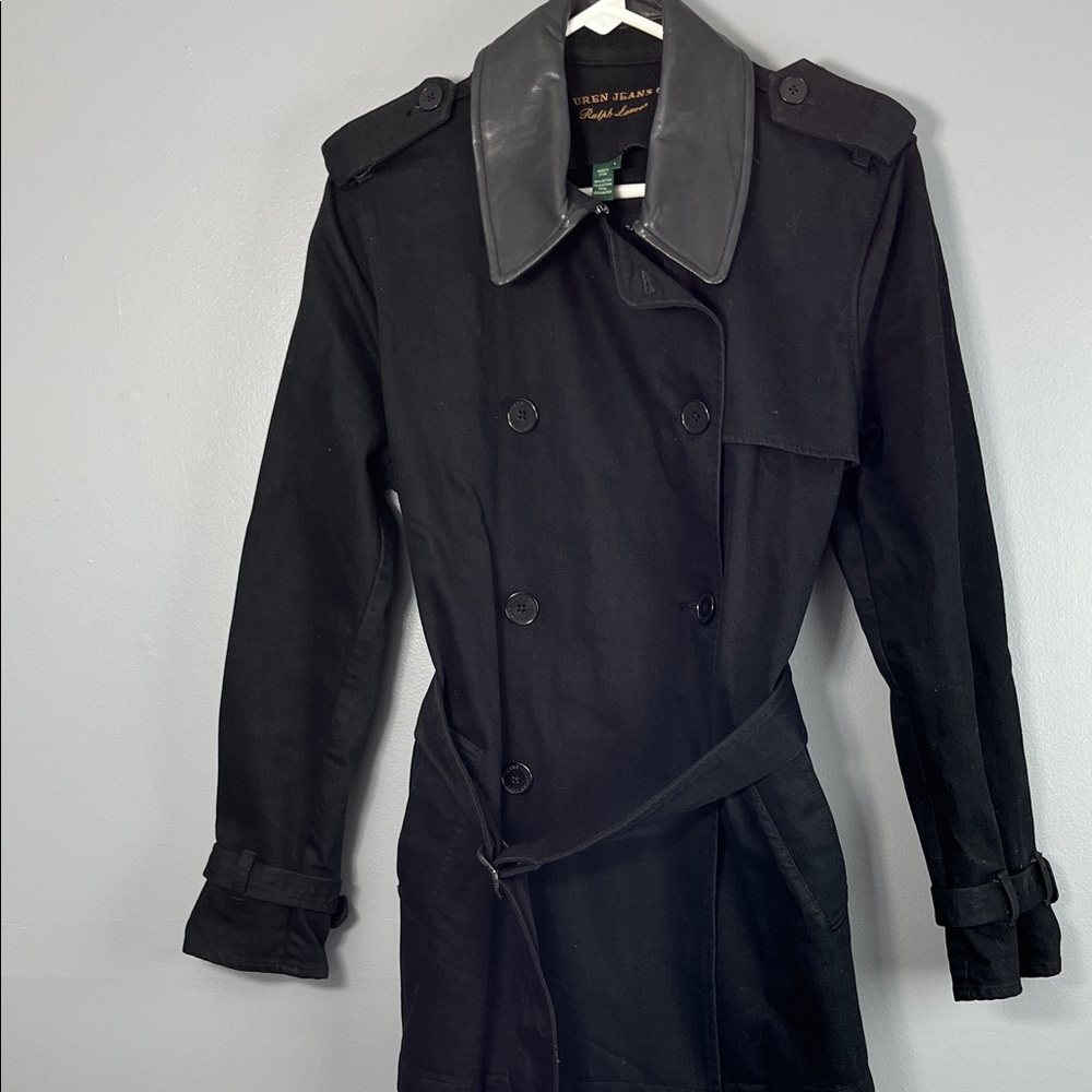 Vintage Ralph Lauren Black Trench Coat with Leather Collar